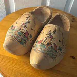 Vintage Hand-Painted Wooden Clogs with Windmill Design